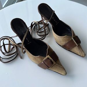 Casadei made in Italy tan suede with brown leather and gold buckle 2 inch heel